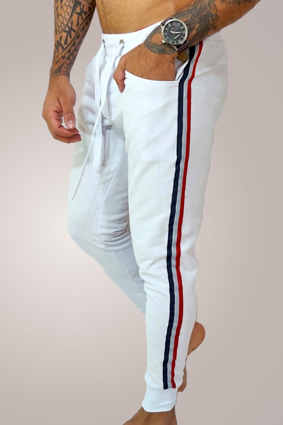 Calça Masculina em Moletinho Branco Listras Laterais