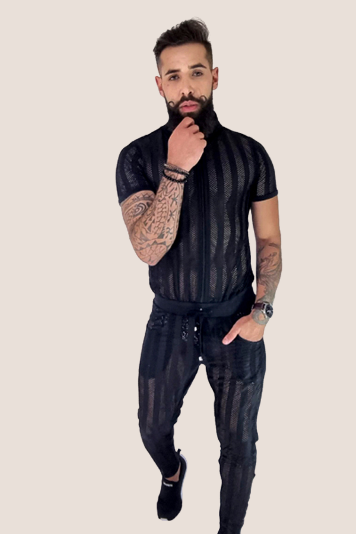 Macacão Masculino Transparente Slim Preto