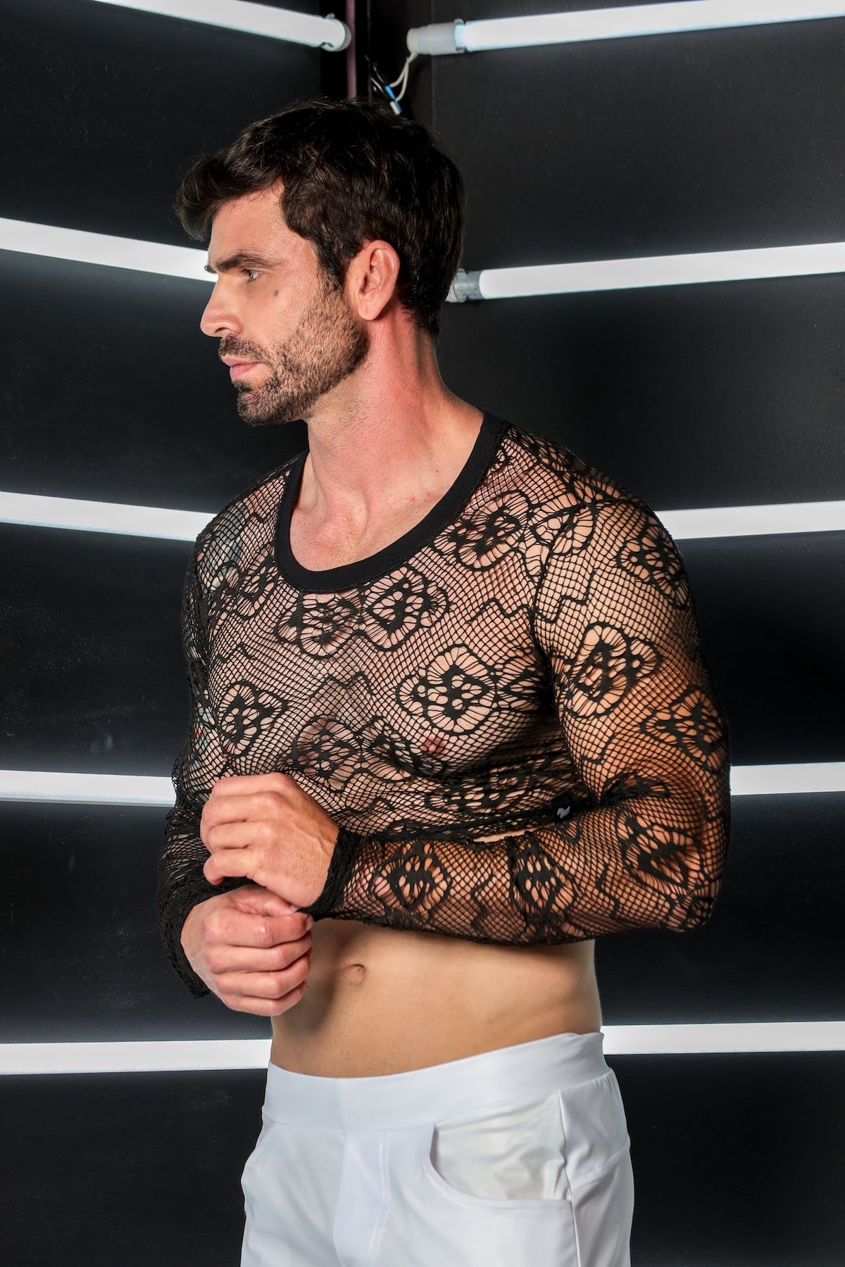 Cropped Masculino Manga Longa em Renda