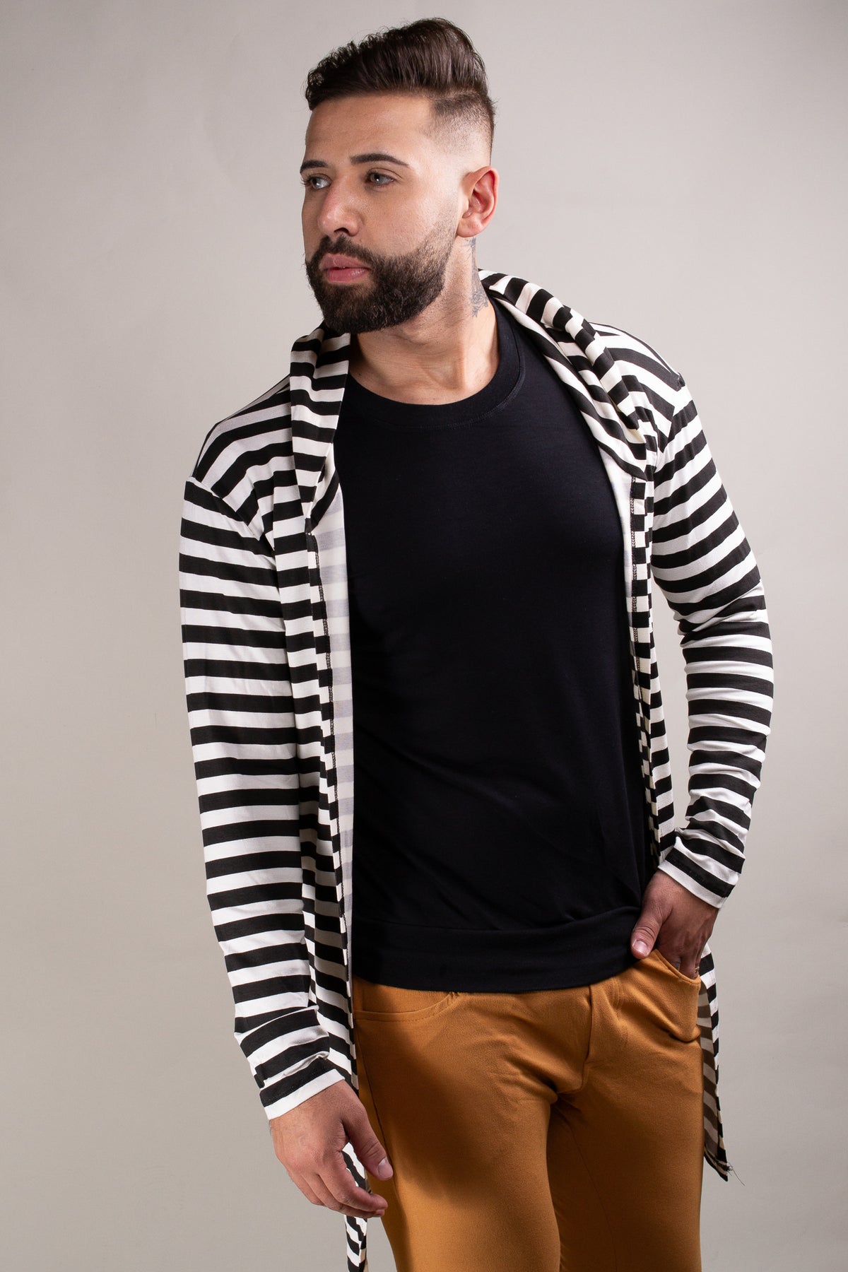 Cardigan Masculino em Viscolycra Listrado com Capuz