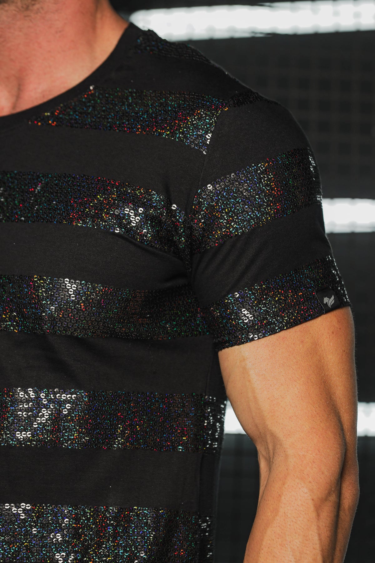 Camiseta Masculina em Malha com Listras em Paetê