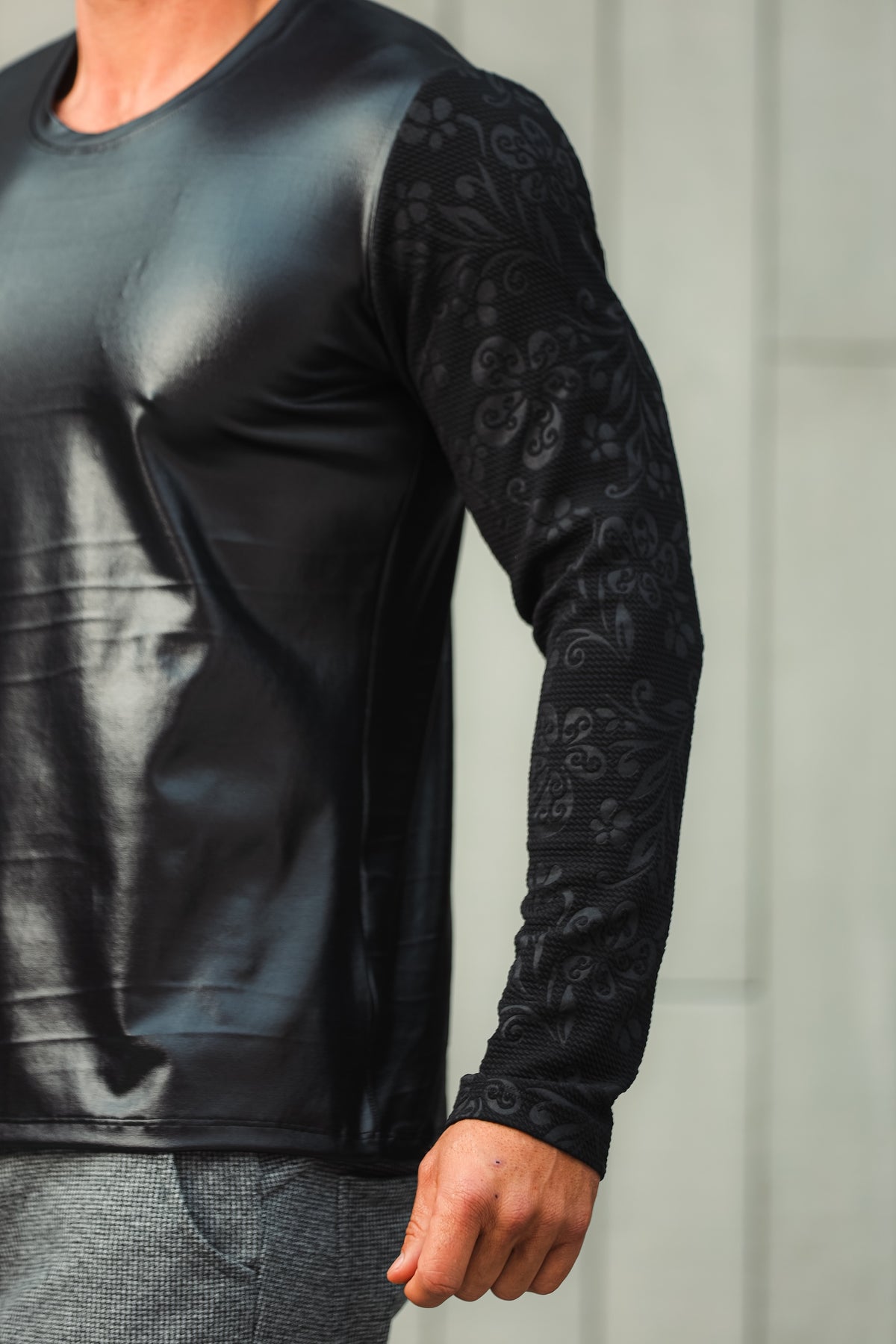 Camiseta Masculina Manga Longa Cirrê Manga em Jacquard