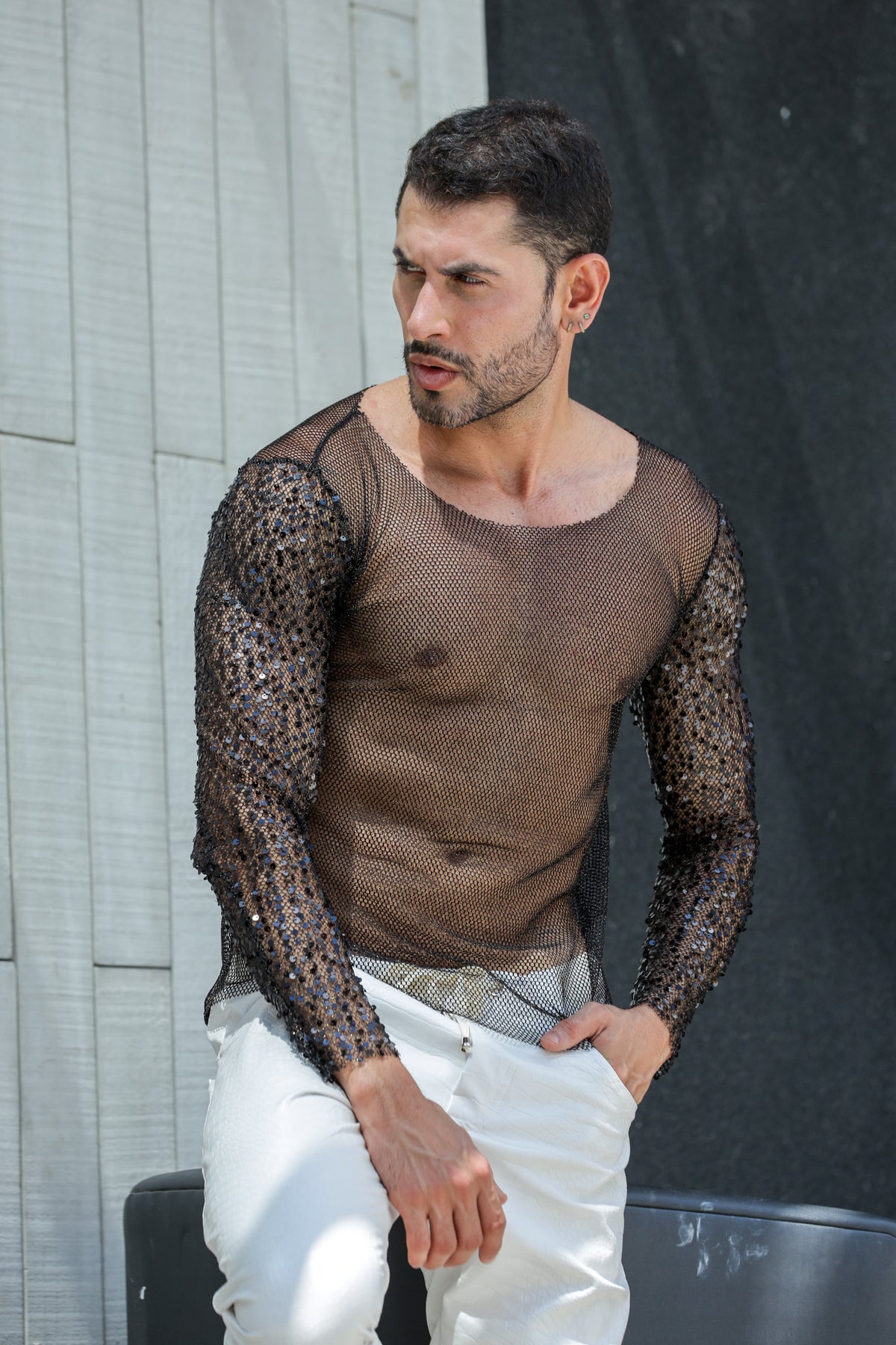 Camiseta Masculina Manga Longa Em Arrastão Com Paetê