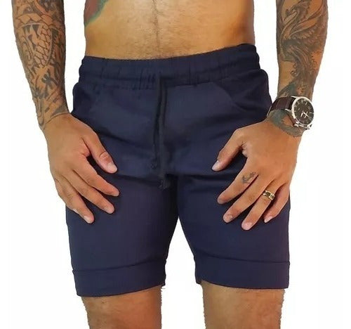 Bermuda Masculina Básica de Linho Azul Marinho com Barra Italiana