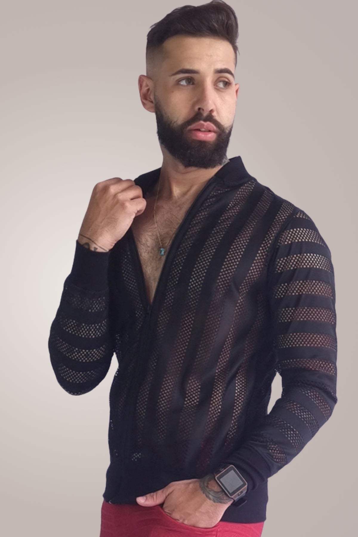 Jaqueta Bomber Masculina Transparente Listrada Preta