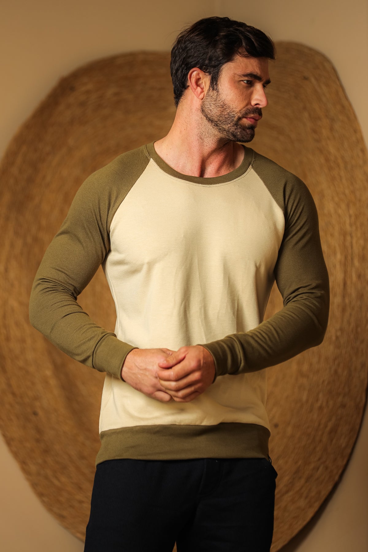 Suéter Masculino Moletinho Bege Mangas Verde