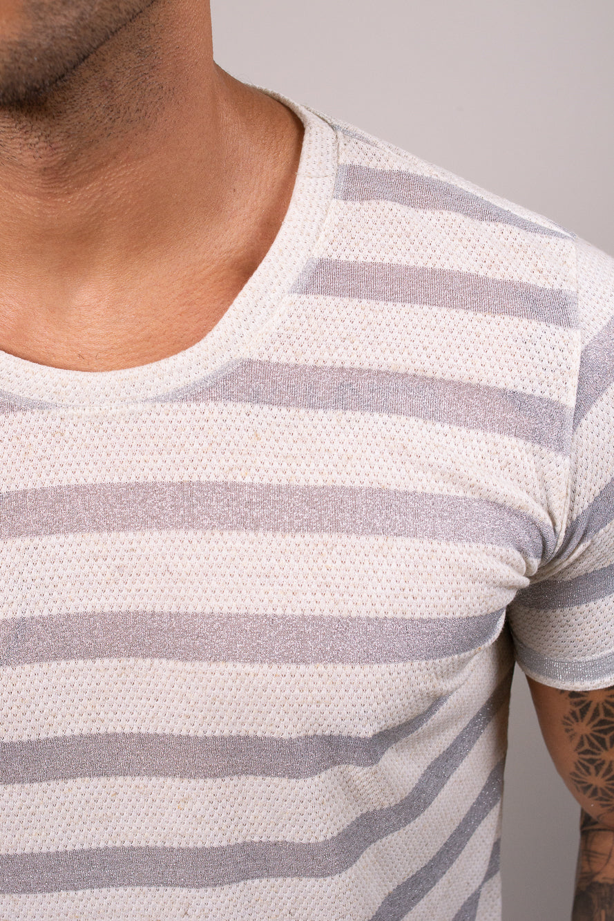 Camiseta Masculina Malha Listrada Prateada