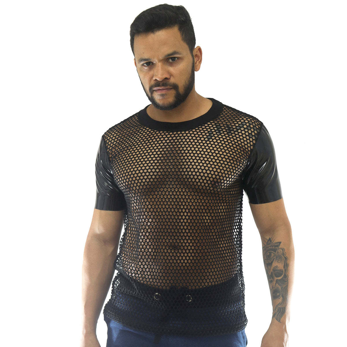 Camiseta Masculina em Arrastão Mangas em Vinil