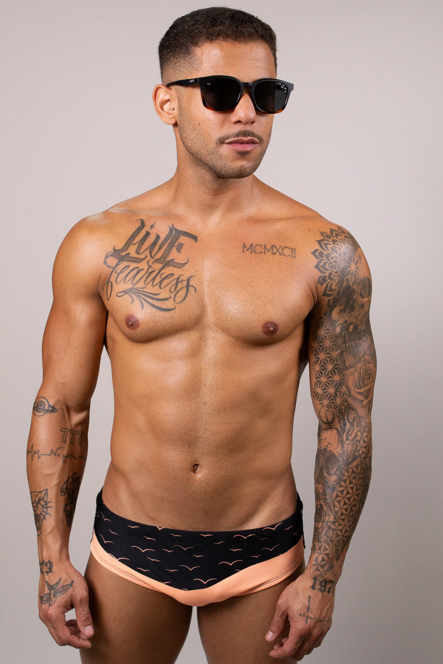 Sunga Slim Neon Laranja Com Preto Estampado