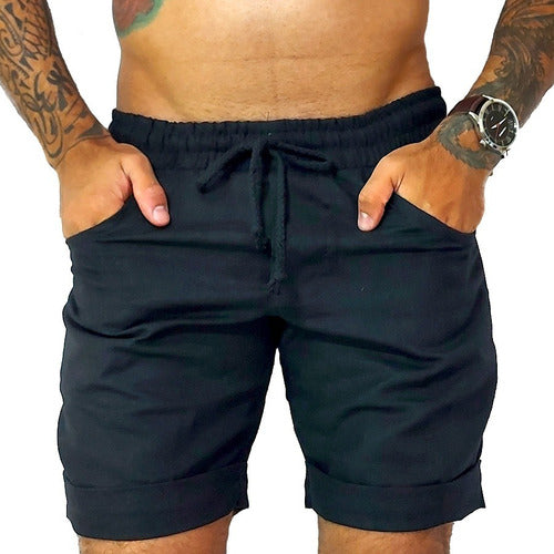 Bermuda Masculina Viscolinho Preto com Barra Italiana