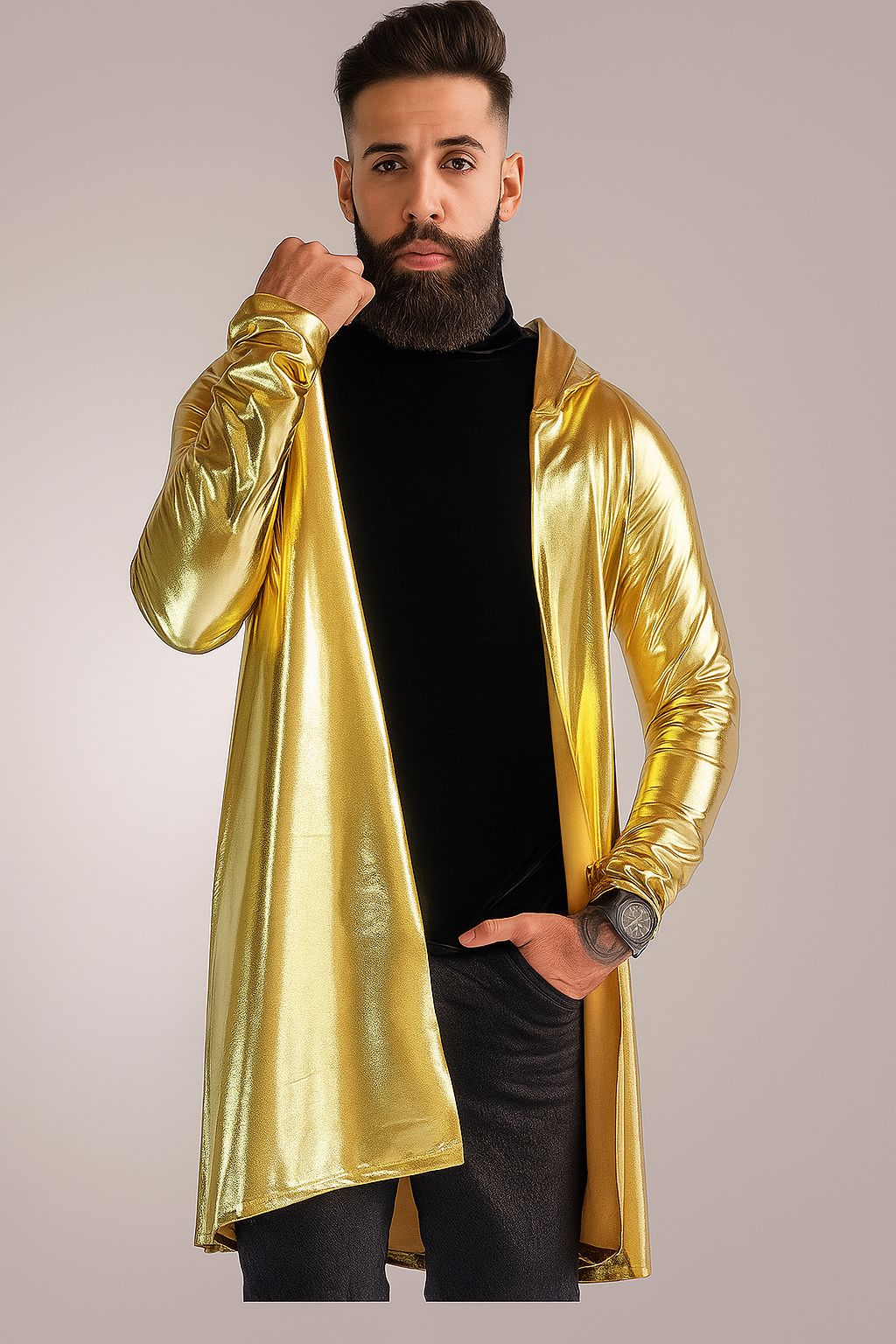 Cardigan Masculino em Malha Metálica Dourada