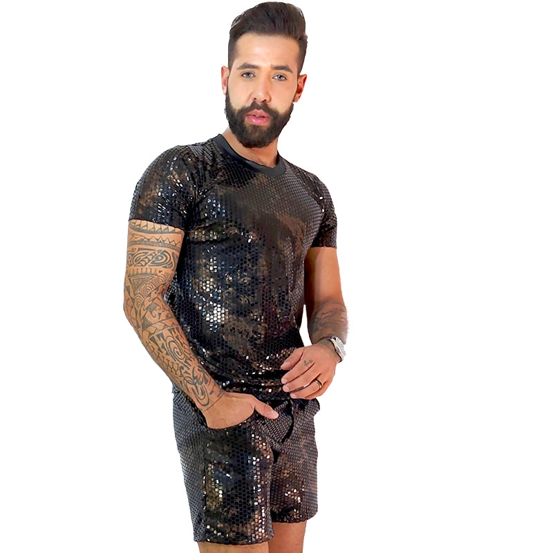 Conjunto Masculino Camiseta e Short Paetê Malha Texturizado
