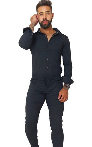 Macacão Masculino Slim Manga Longa Preto