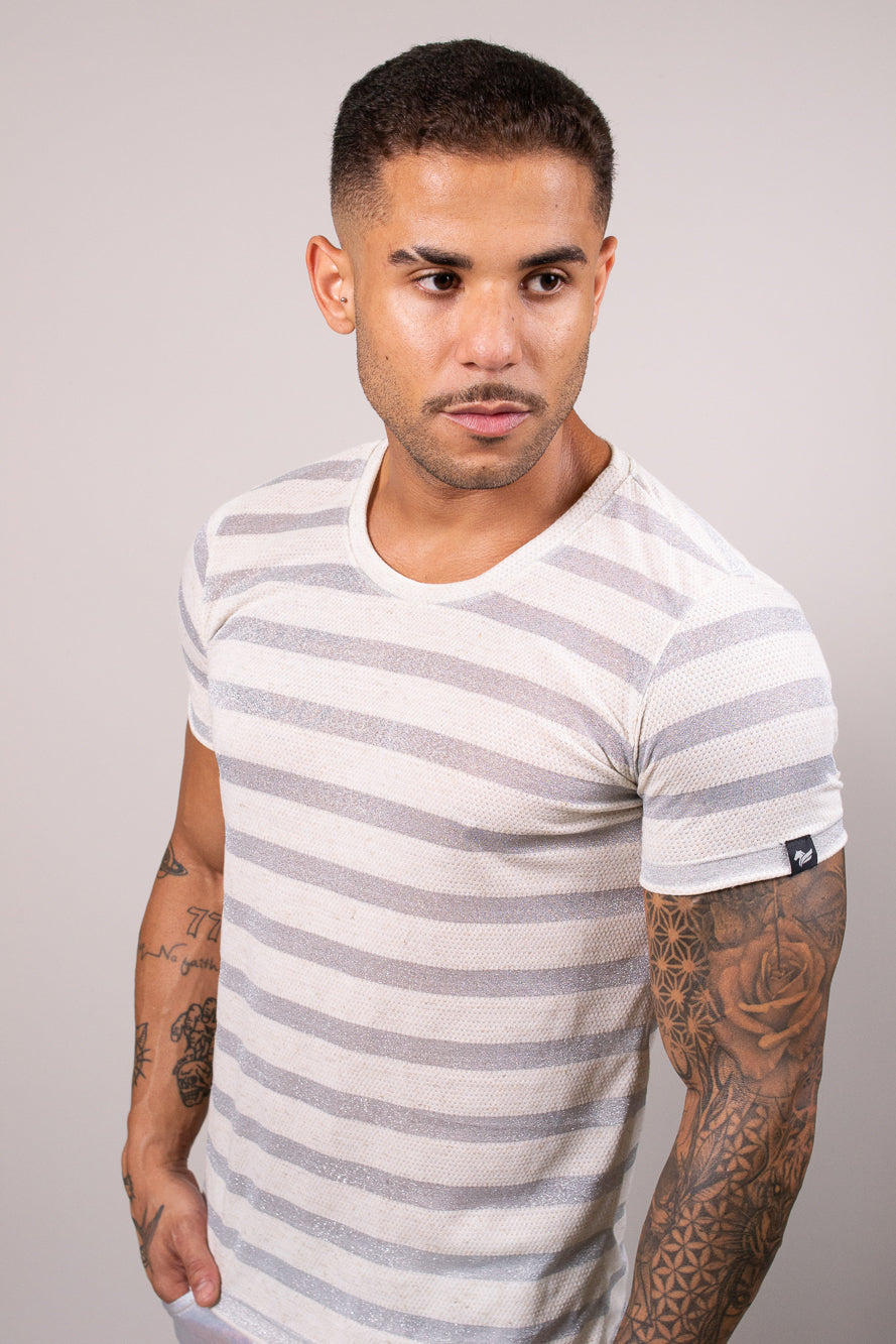Camiseta Masculina Malha Listrada Prateada