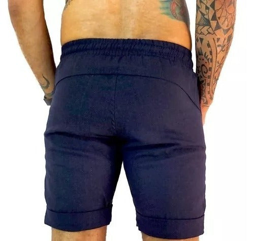 Bermuda Masculina Básica de Linho Azul Marinho com Barra Italiana