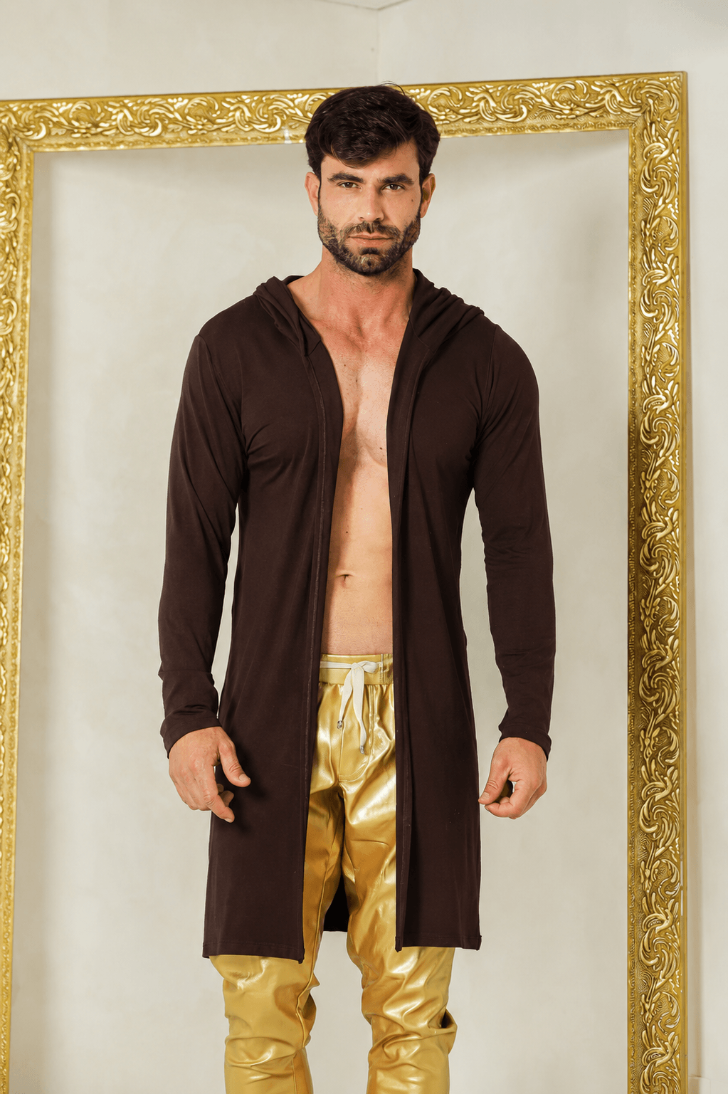 Cardigan Masculino Marrom Manga Longa com Capuz