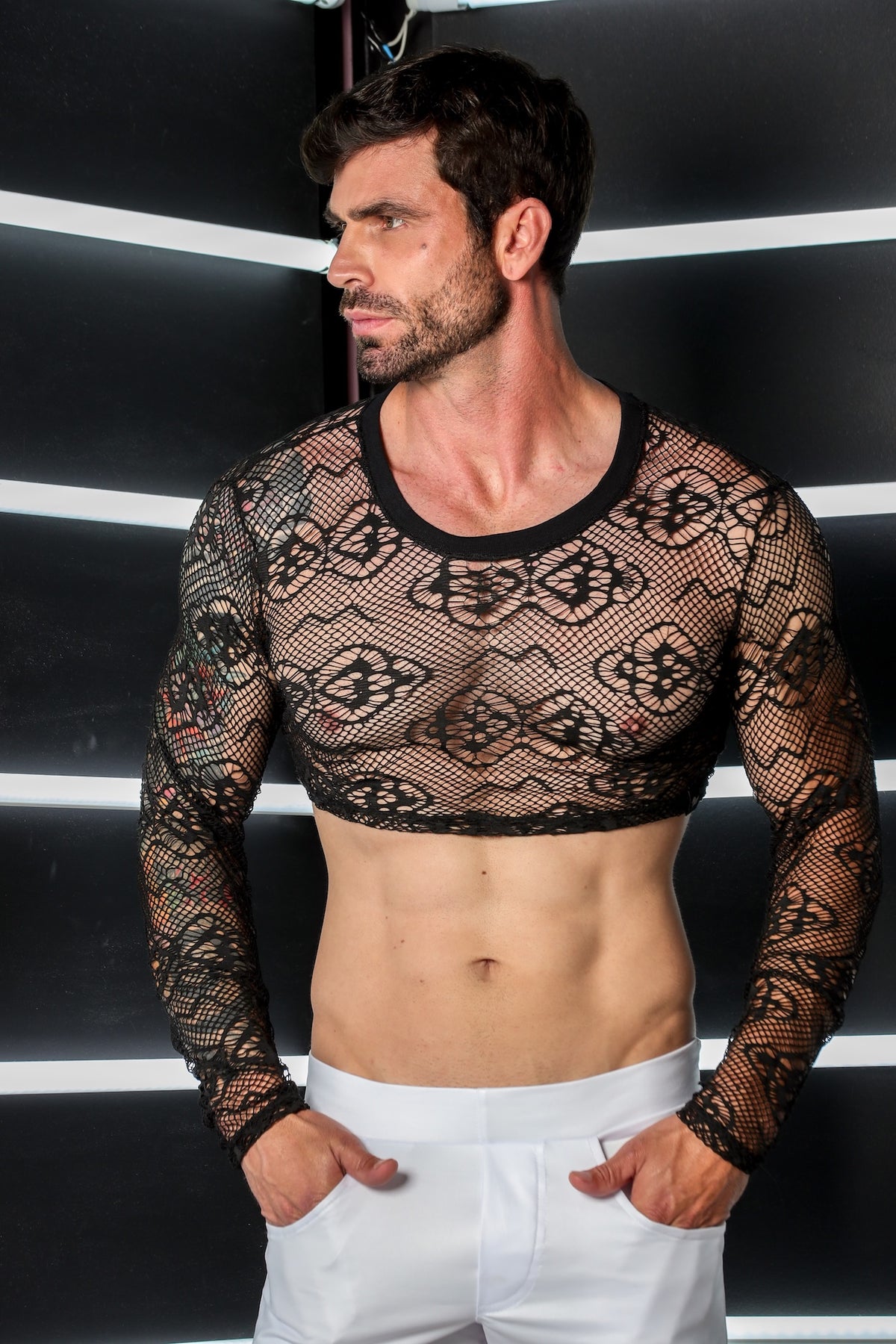 Cropped Masculino Manga Longa em Renda