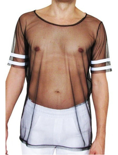 Camiseta Masculina Transparente de Tule com Detalhe Duplo