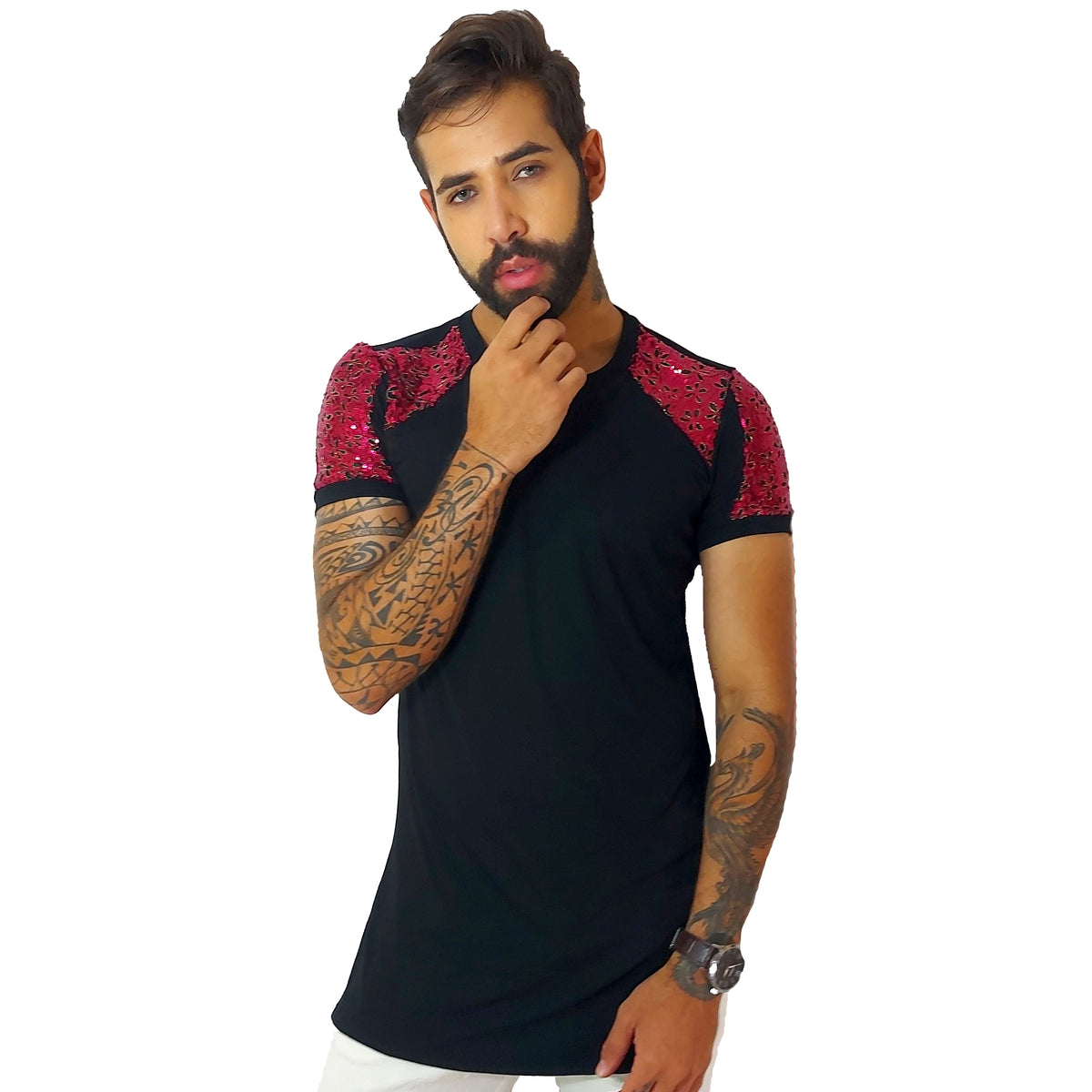 Camiseta Masculina Viscolycra Detalhe Mangas Paetê Rosa