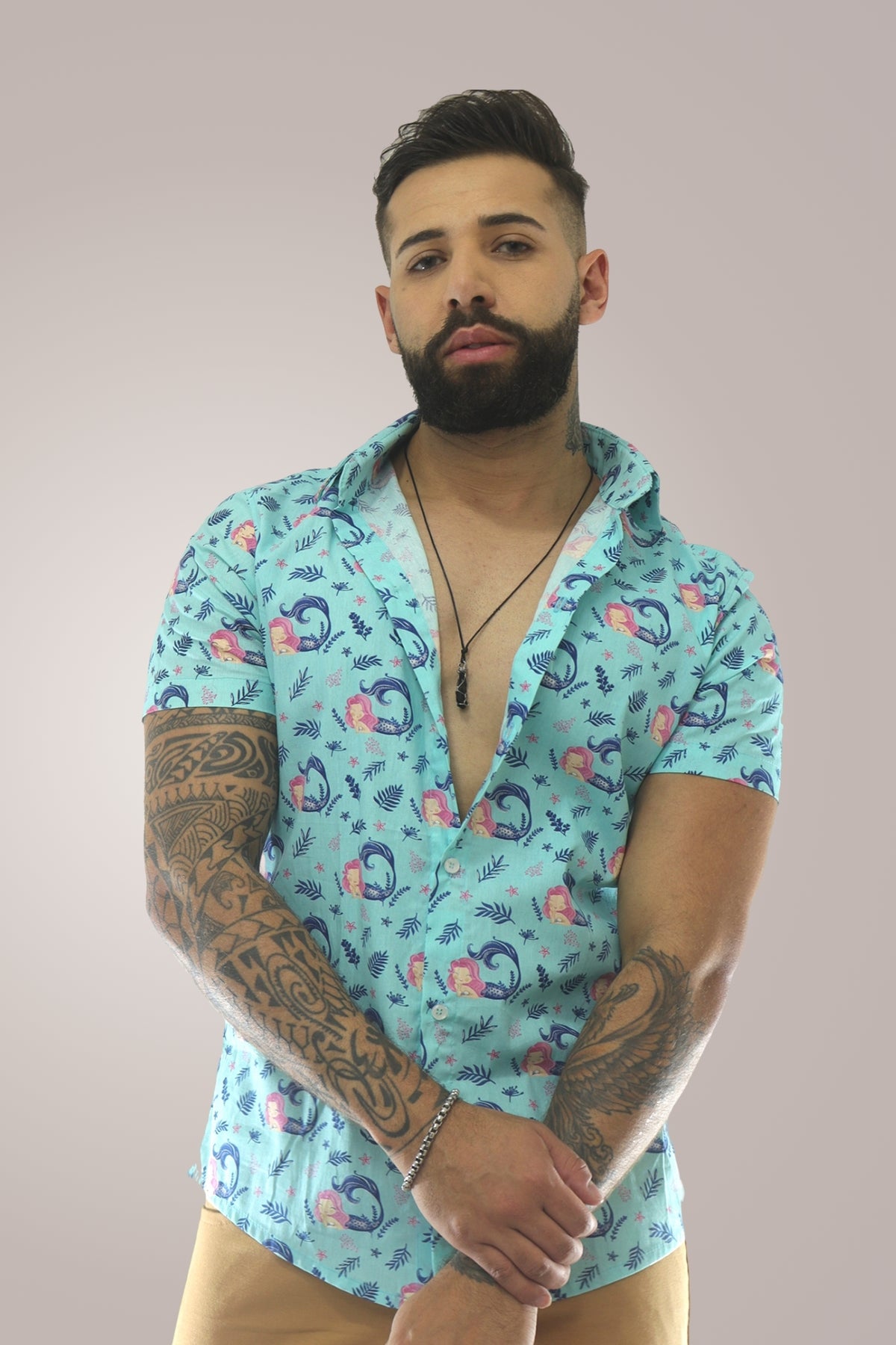 Camisa Masculina Casual em Tricoline Estampa Sereia