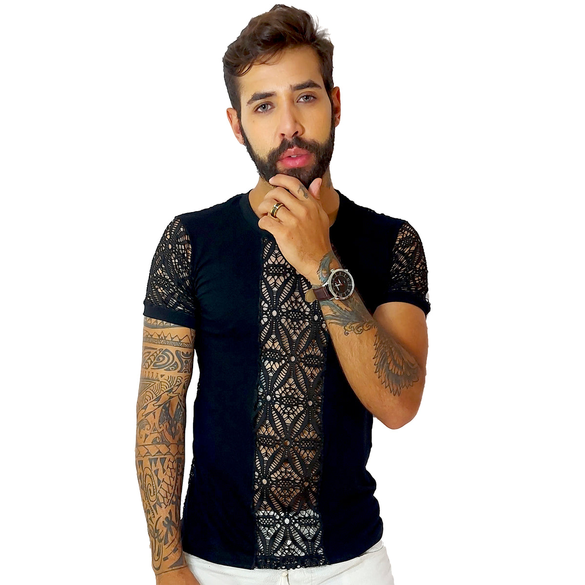 Camiseta Masculina em Viscolycra Com Detalhe Frente e Costas Arrastão
