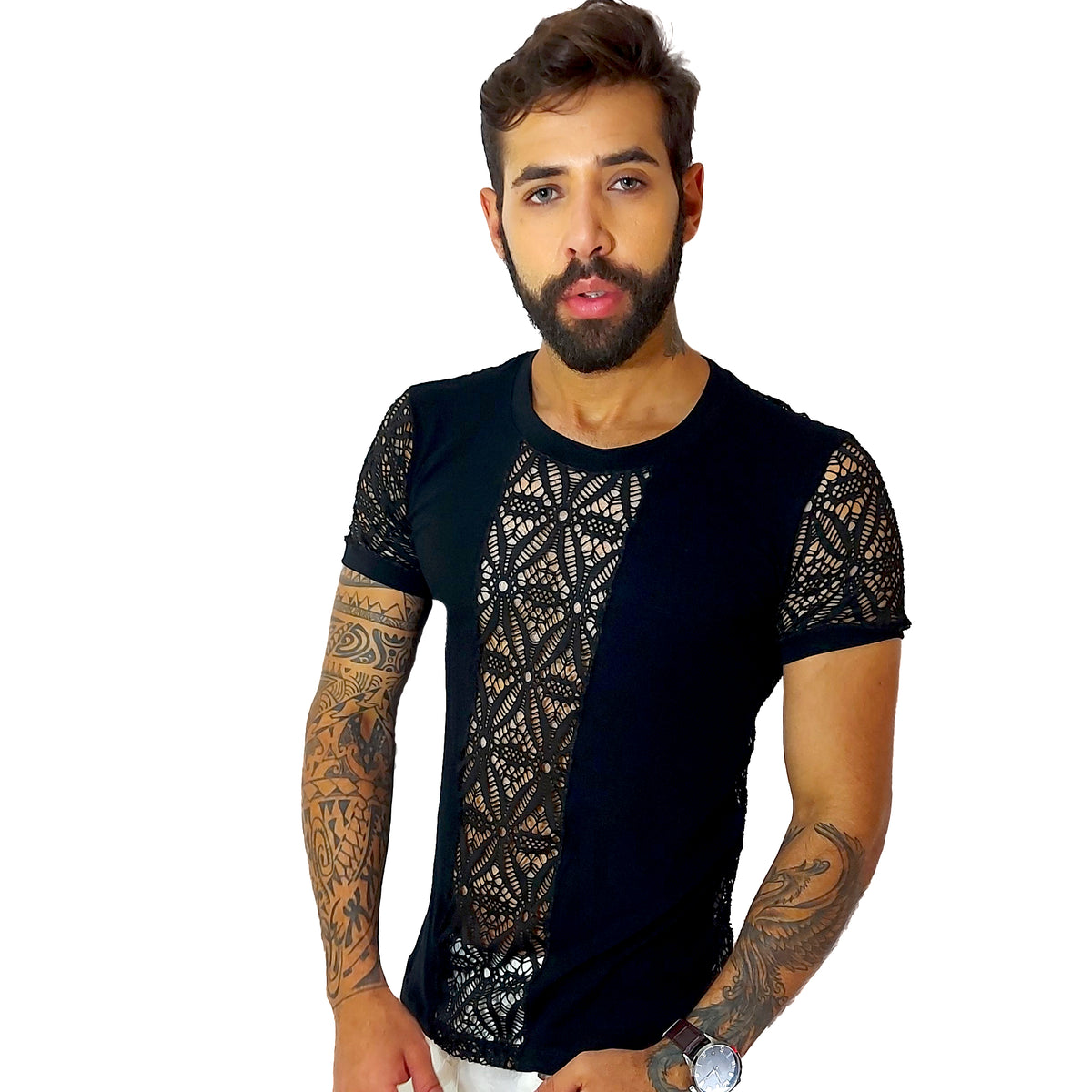 Camiseta Masculina em Viscolycra Com Detalhe Frente e Costas Arrastão