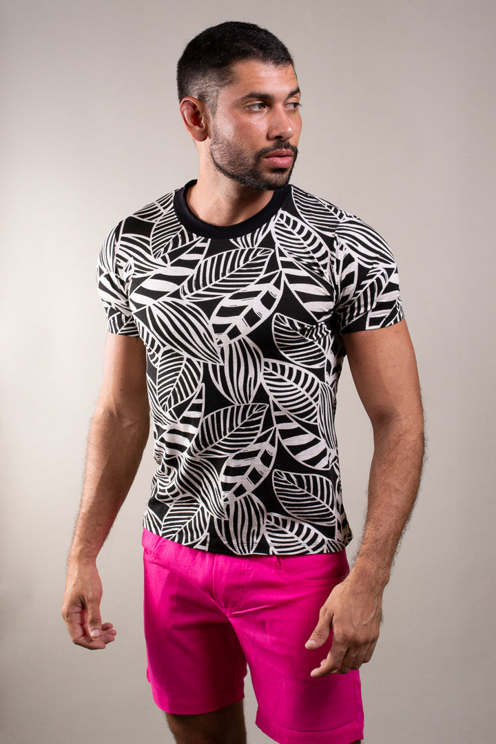 Camiseta Masculina em Viscolycra Estampa Folhagem