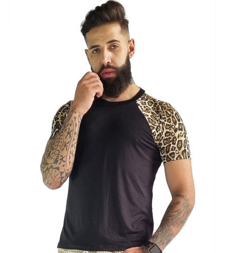 Camiseta Masculina em Viscolycra Mangas Animal Print Preto