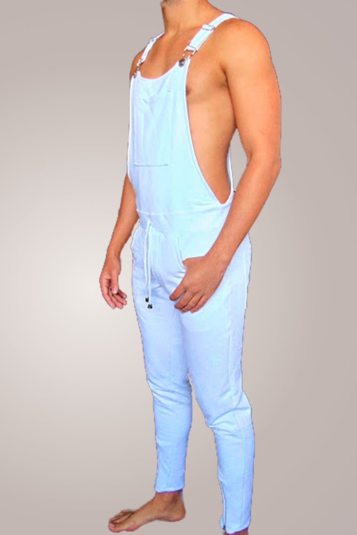 Jardineira Masculina Branca Detalhe de Zíper na Perna