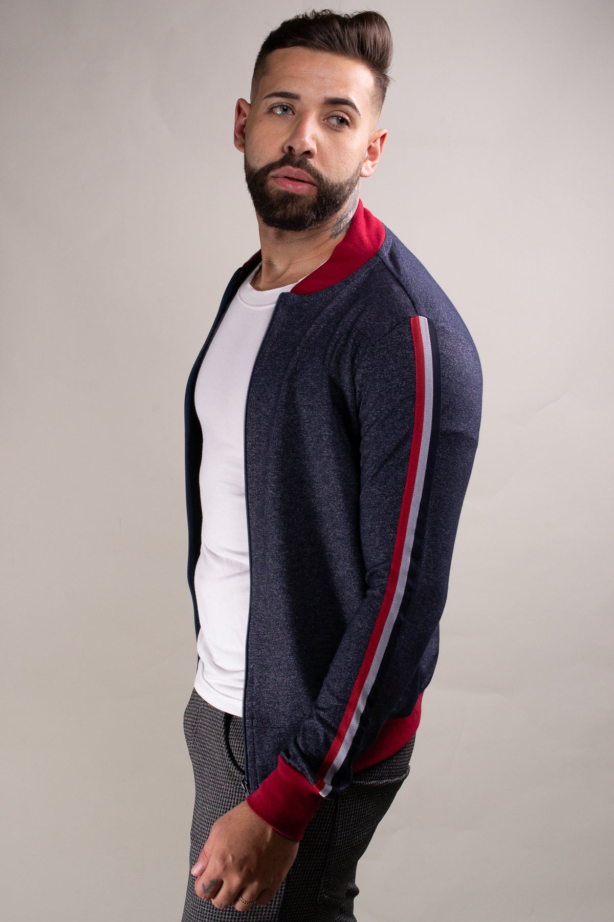 Jaqueta Masculina Moletinho Mescla Azul Detalhe Listra na Manga