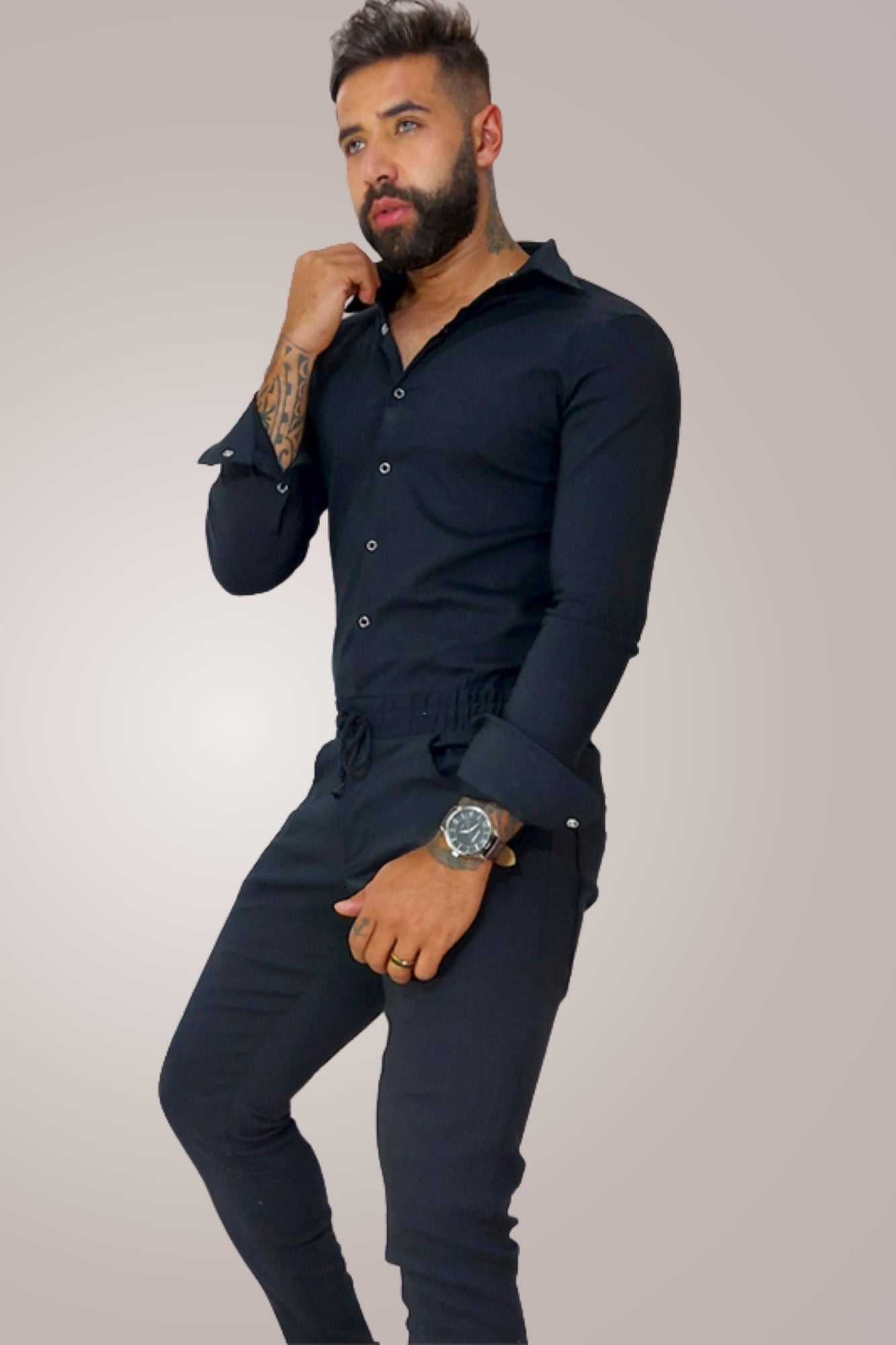 Macacão Masculino Slim Manga Longa Preto