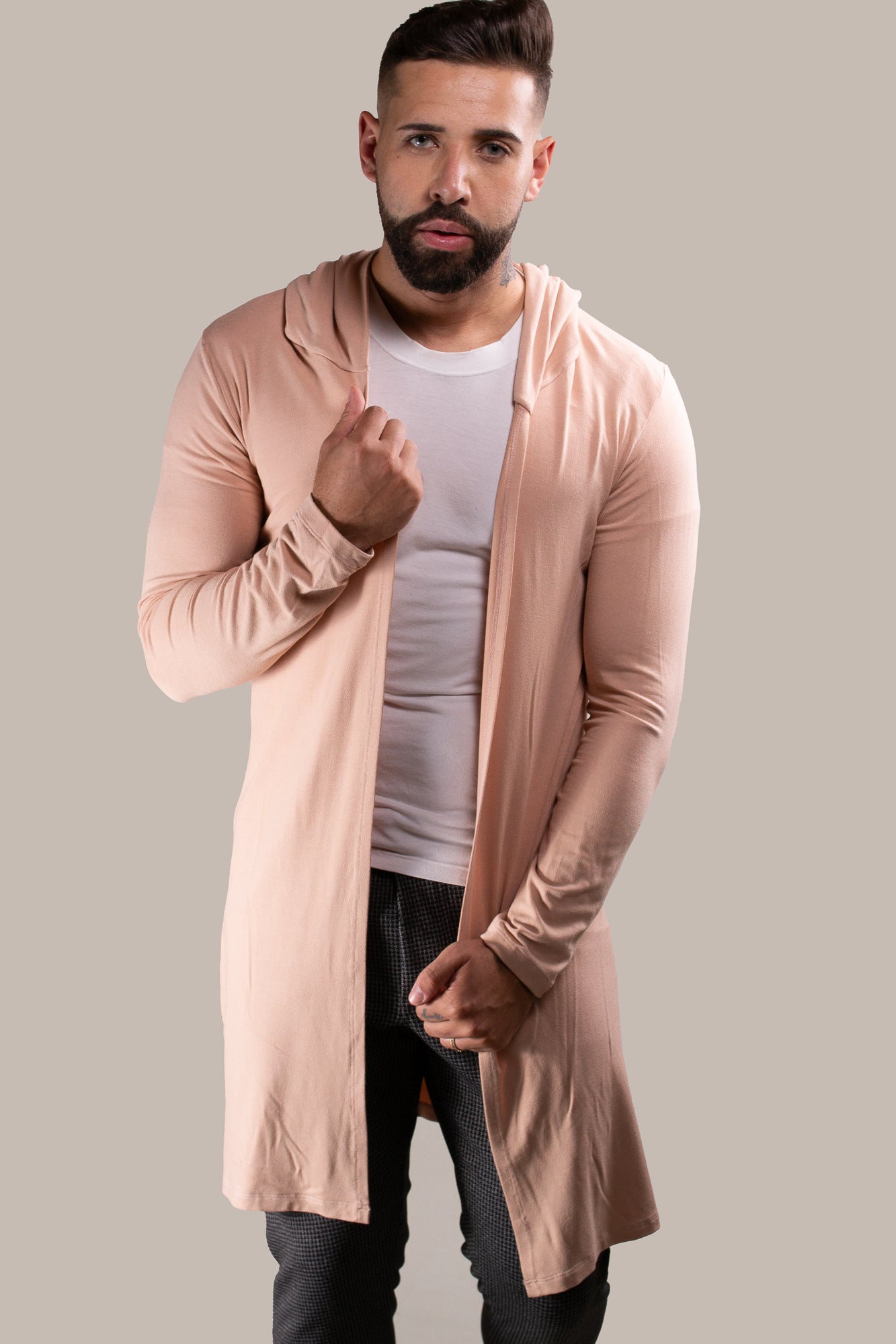 Cardigan Masculino em Viscolycra Nude com Capuz