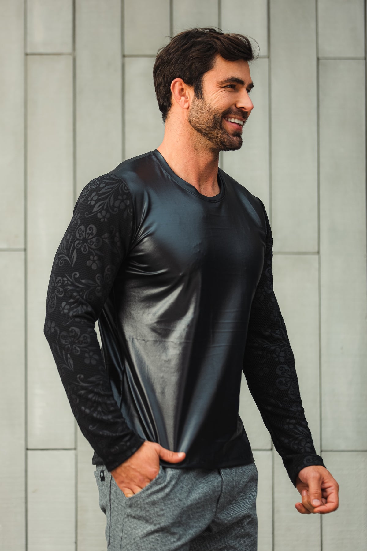 Camiseta Masculina Manga Longa Cirrê Manga em Jacquard