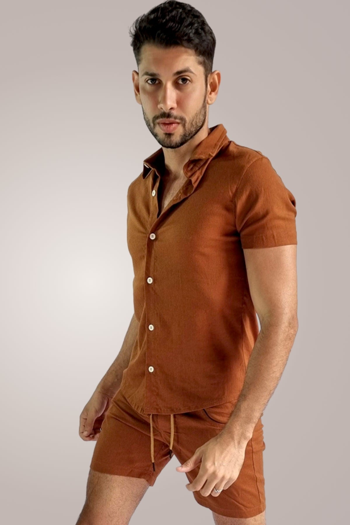 Conjunto Masculino Camisa e Short em Linho e Viscose Telha