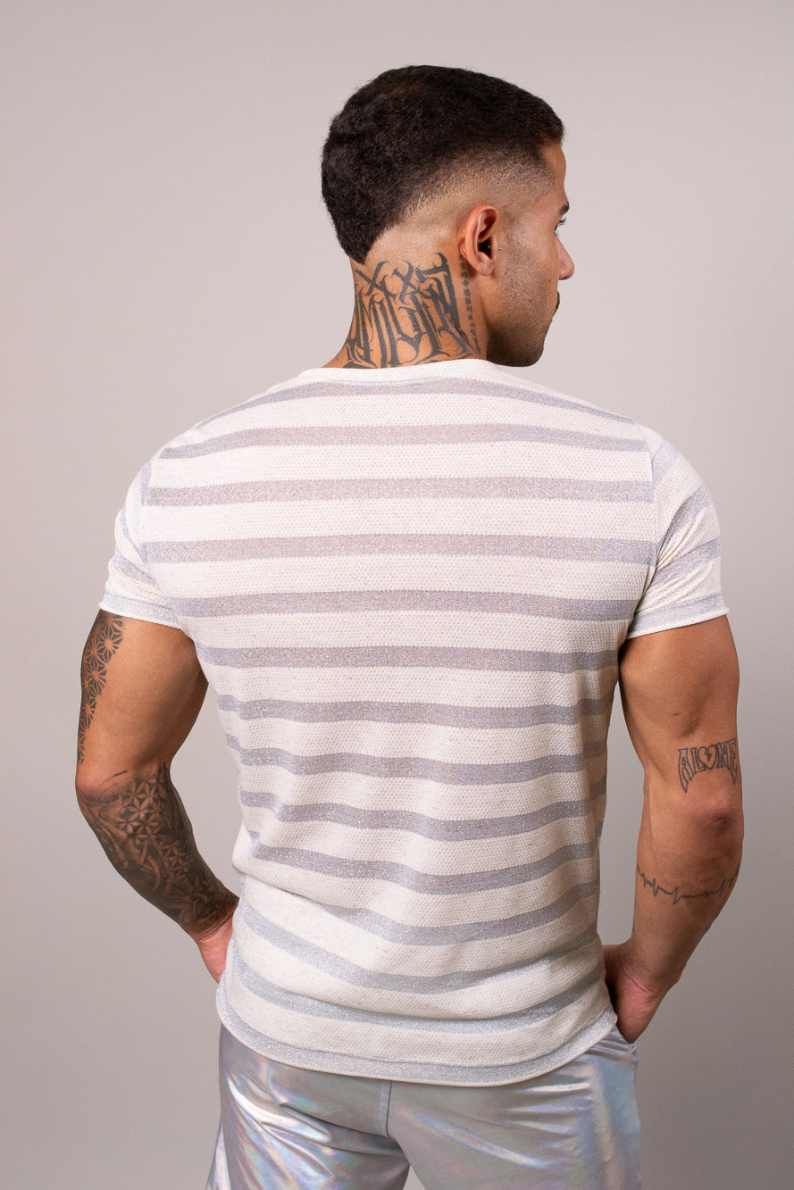 Camiseta Masculina Malha Listrada Prateada
