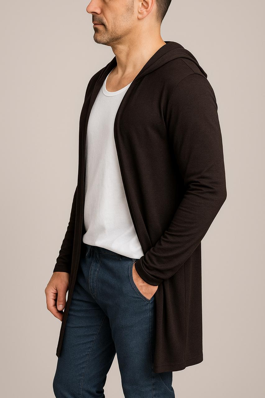 Cardigan Masculino Marrom Manga Longa com Capuz