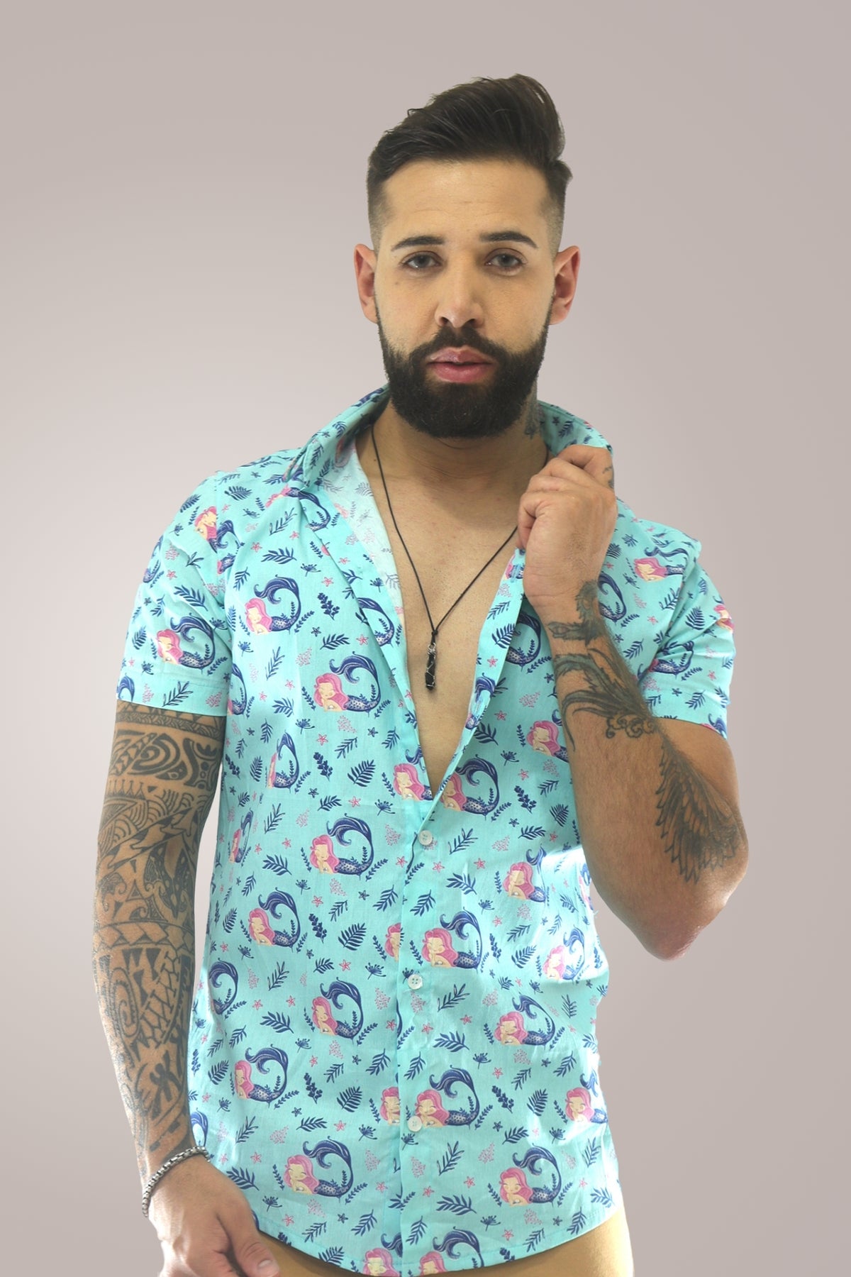 Camisa Masculina Casual em Tricoline Estampa Sereia
