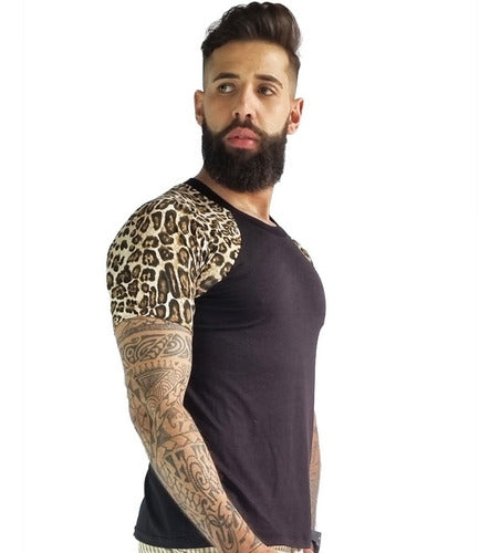 Camiseta Masculina em Viscolycra Mangas Animal Print Preto