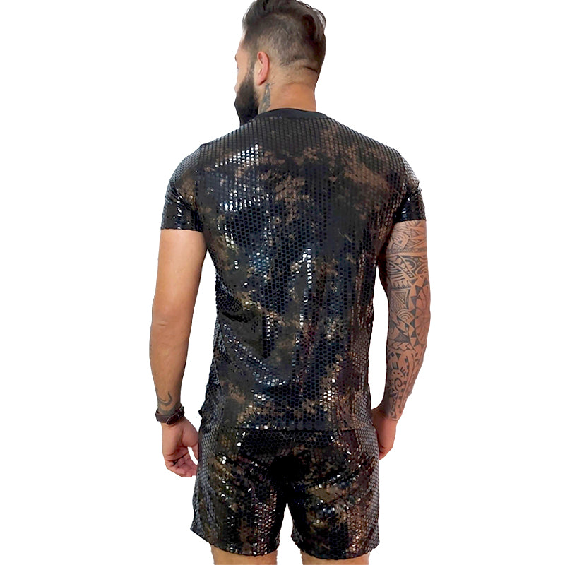 Conjunto Masculino Camiseta e Short Paetê Malha Texturizado