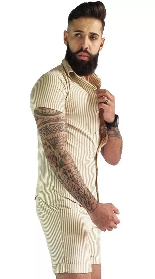 Conjunto Casual Masculino em Linho Bege Listrado