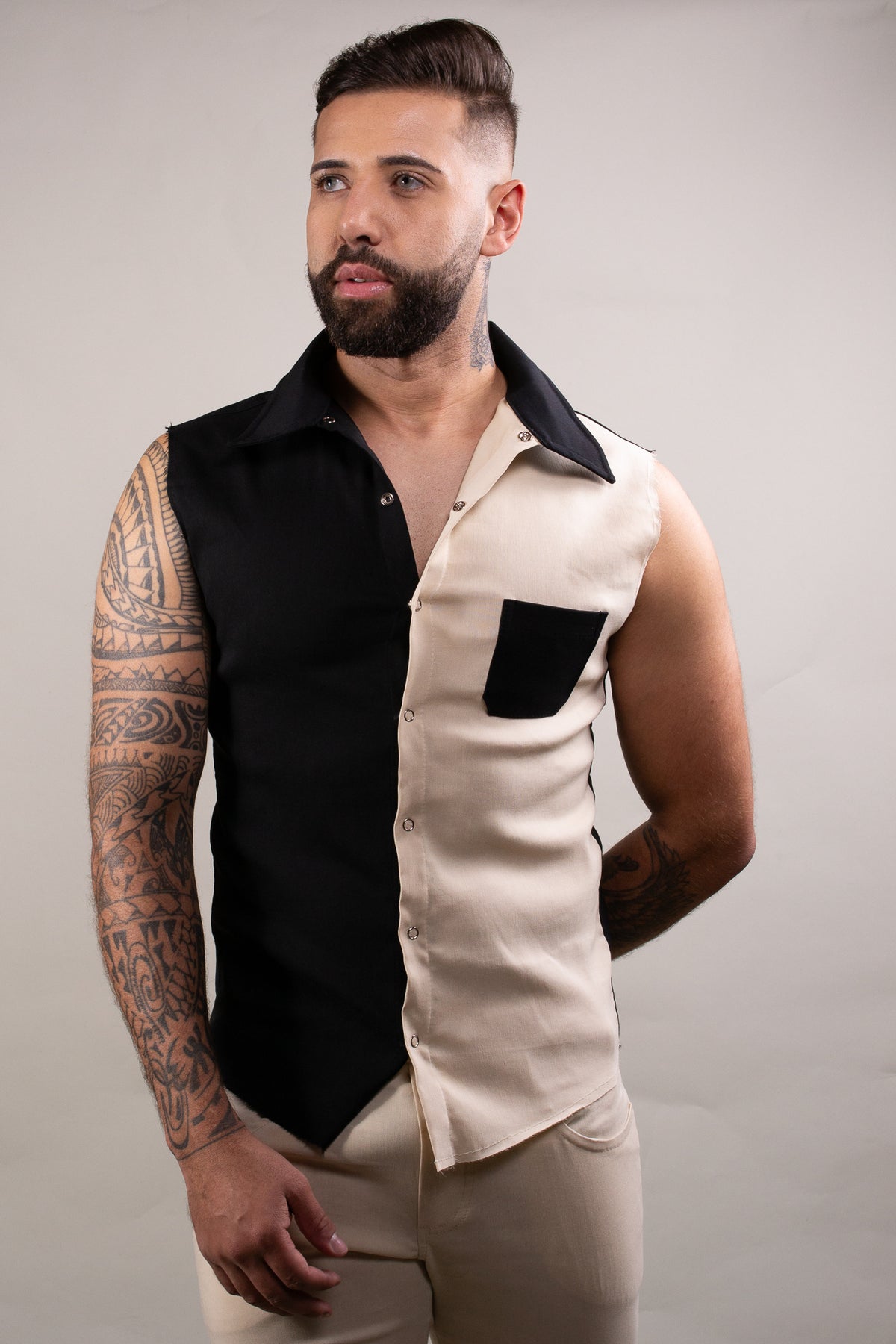 Camisa Masculina Modelo Machão Bengaline Metade Preto Bege