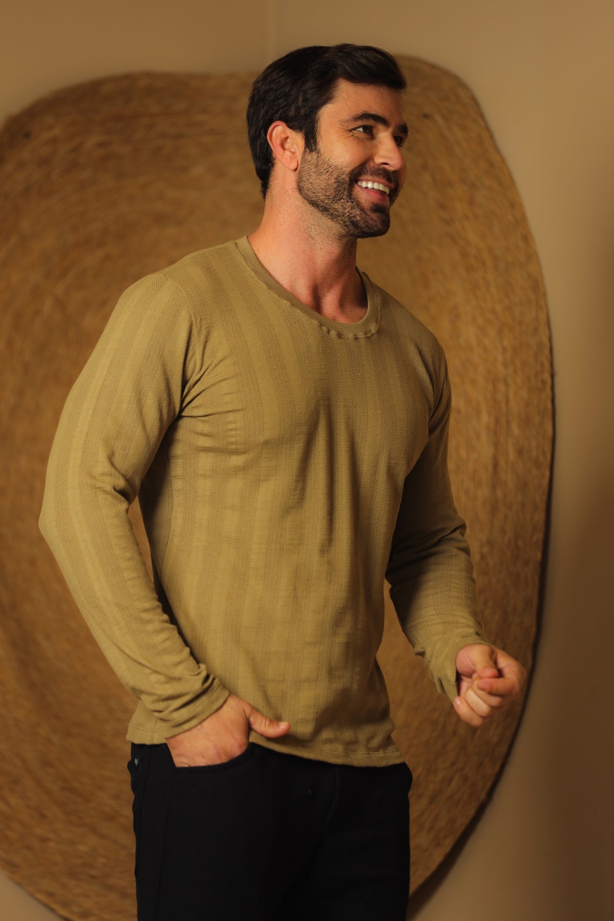 Camiseta Masculina Manga Longa Tricô Listrado Verde Oliva Claro