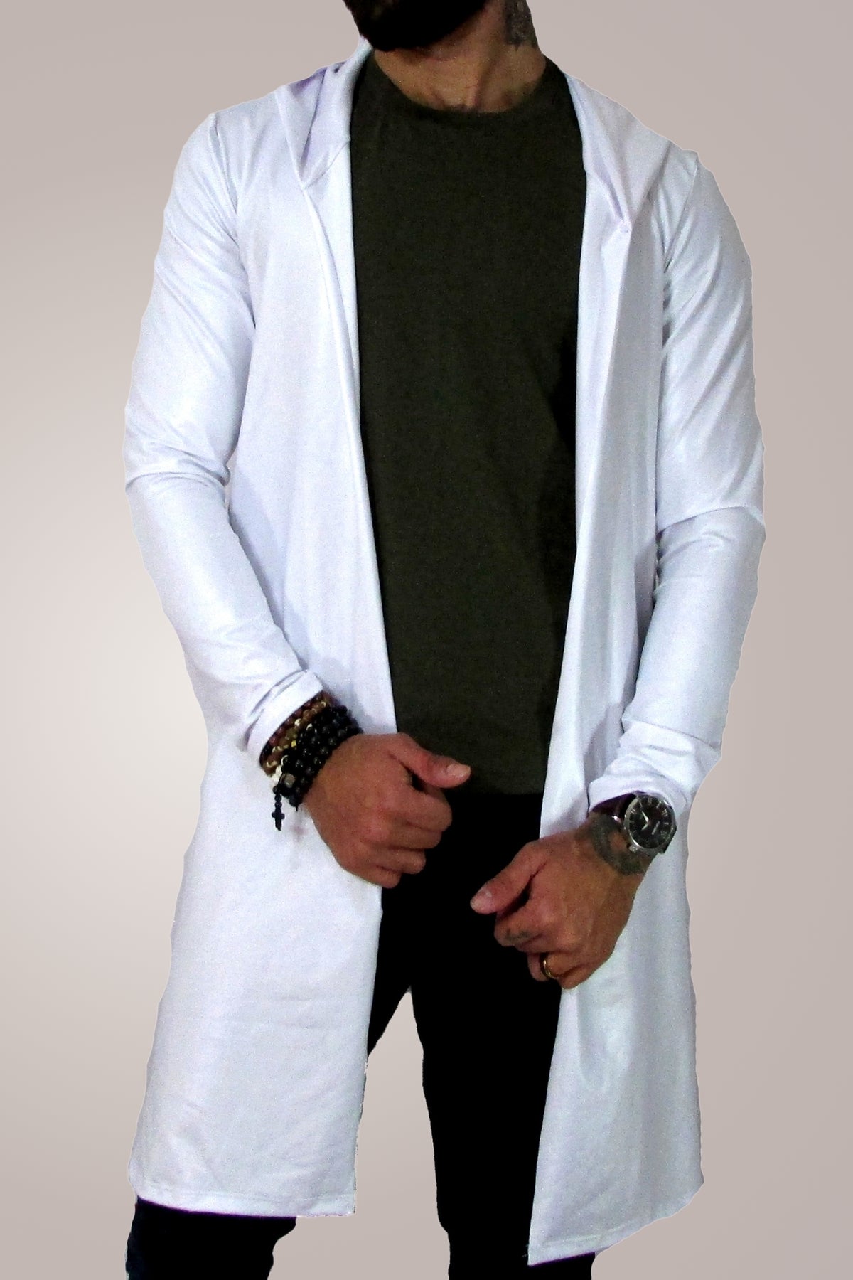 Cardigan Masculino Longline em Cirrê Branco