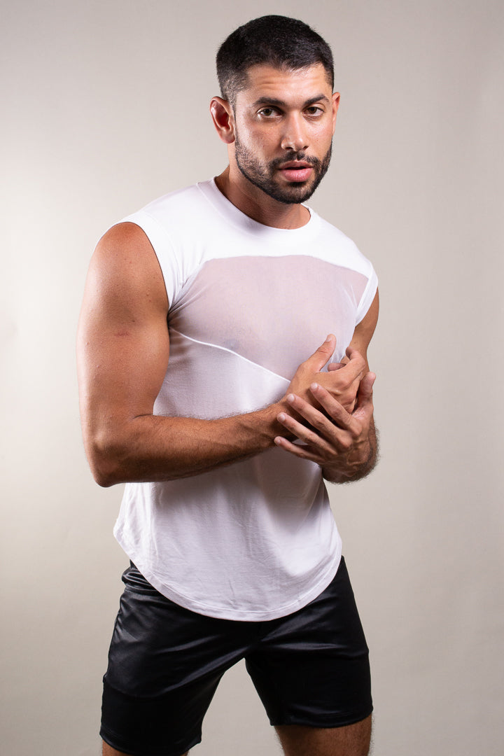 Regata Masculina em Viscolycra Detalhe Frente e costas em Tule Transparente