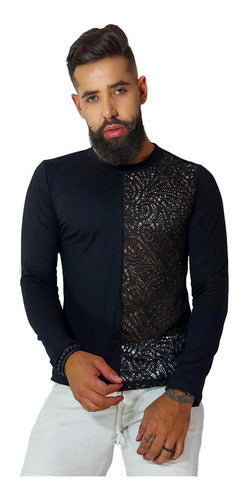 Camiseta Masculina Manga Longa em Viscolycra com Detalhe Arrastão