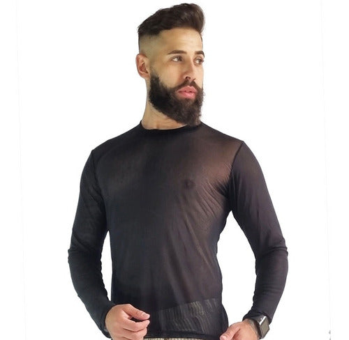 Camiseta Masculina Transparente de Tule Manga Longa