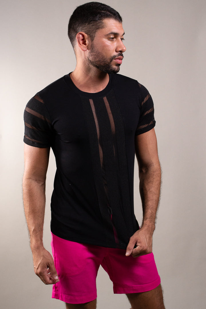 Camiseta Masculina em Viscolycra Com Detalhe Frente e Mangas Listradas