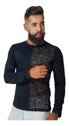 Camiseta Masculina Manga Longa em Viscolycra com Detalhe Arrastão