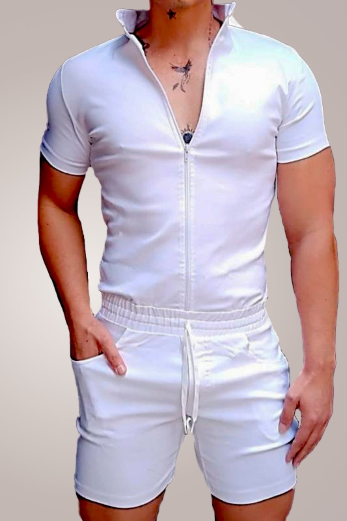 Macaquinho Masculino Gola Padre de Zipper Branco