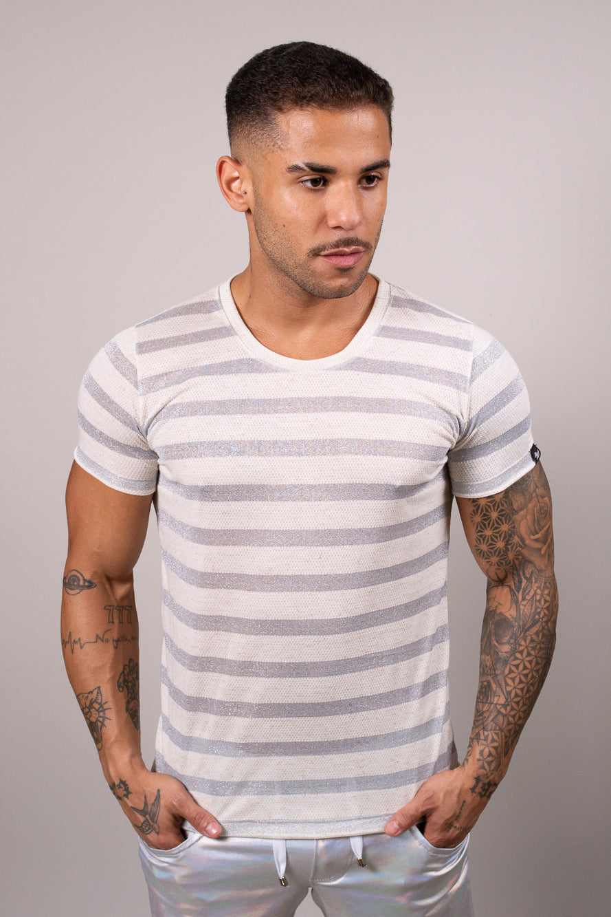 Camiseta Masculina Malha Listrada Prateada